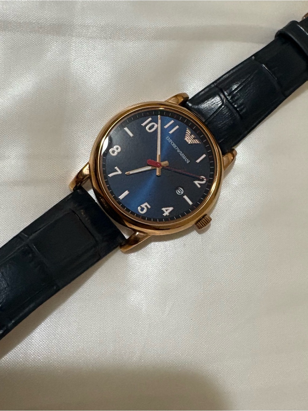 Emporio Armani Navy Dial Gold-Tone Case Watch with Navy Blue Leather Strap